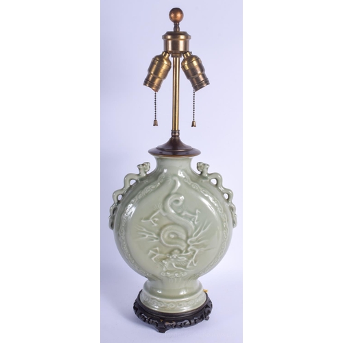 1222 - A 19TH CENTURY CHINESE TWIN HANDLED CELADON MOON FLASK Late Qing, converted to a lamp. Vase 30 cm x ... 