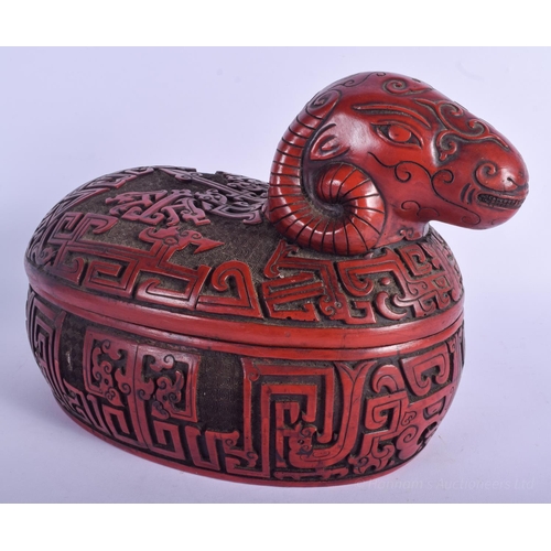 1223 - A LARGE EARLY 20TH CENTURY CHINESE CARVED LACQUER BOX AND COVER Late Qing, of zodiac ram type form. ... 