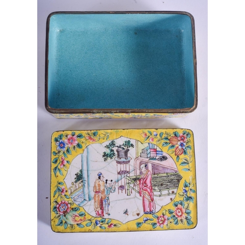 1225 - A 19TH CENTURY CHINESE CANTON ENAMEL BOX AND COVER Qing, painted with figures within landscapes. 13 ... 