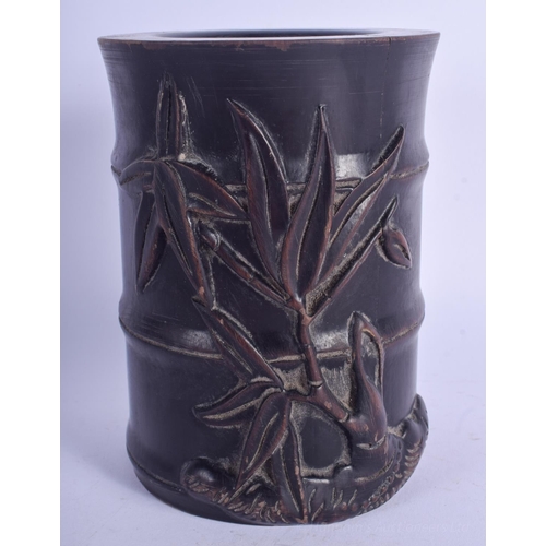 1249 - AN EARLY 20TH CENTURY CHINESE CARVED HARDWOOD BRUSH POT Late Qing/Republic, decorated with bamboo. 1... 