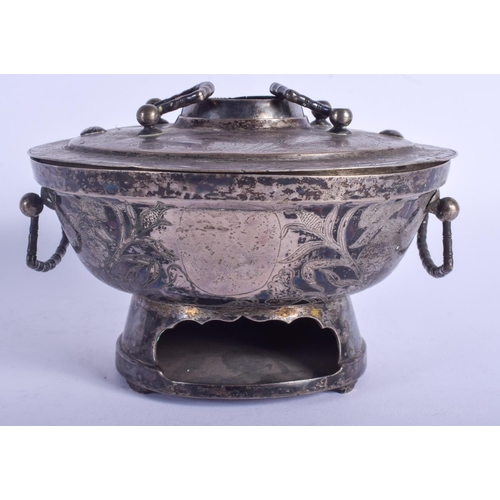 1261 - A VERY RARE 19TH CENTURY CHINESE TWIN HANDLED SILVER CENSER AND COVER Qing, decorated with flowers a... 