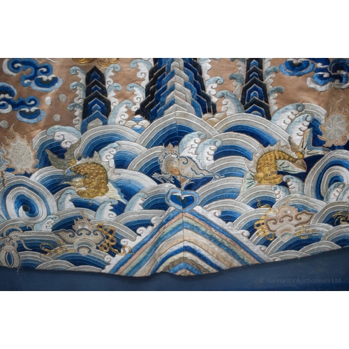 1262 - A VERY LARGE 19TH CENTURY FRAMED IMPERIAL CHINESE ROBE Qing, decorated with dragons amongst crashing... 