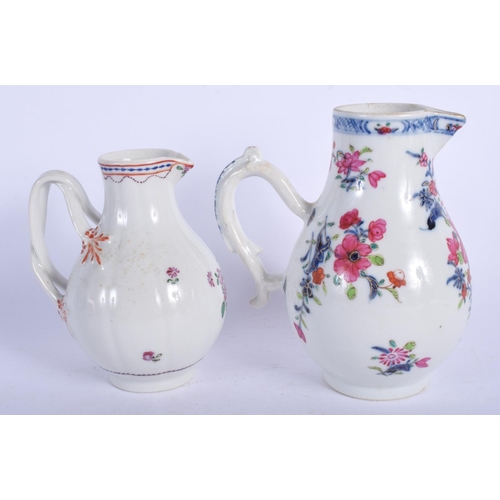 1264 - TWO 18TH CENTURY CHINESE EXPORT FAMILLE ROSE SPARROW BEAK JUGS Qianlong. Largest 14 cm high. (2)