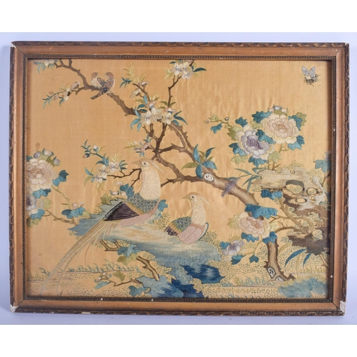 1277 - A 19TH CENTURY CHINESE CANTON SILKWORK EMBROIDERED BIRD PANEL Qing, decorated with birds within land... 