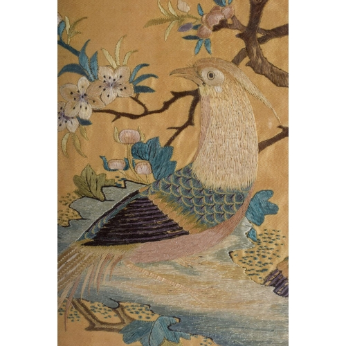 1277 - A 19TH CENTURY CHINESE CANTON SILKWORK EMBROIDERED BIRD PANEL Qing, decorated with birds within land... 