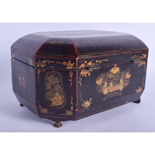 1281 - A 19TH CENTURY CHINESE EXPORT LACQUERED TEA CADDY AND COVER Qing, painted with flowers. 24 cm x 16 c... 