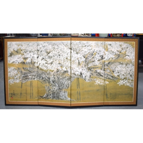 1299 - A SET OF FOUR JAPANESE FOLDING SCREENS in various forms, decorated with landscapes. Each 180 cm x 95... 