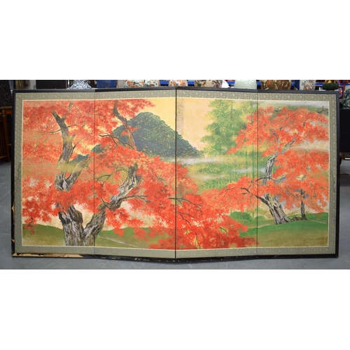 1299 - A SET OF FOUR JAPANESE FOLDING SCREENS in various forms, decorated with landscapes. Each 180 cm x 95... 