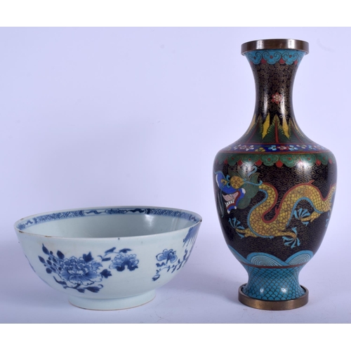 1302 - AN EARLY 20TH CENTURY CHINESE CLOISONNÉ ENAMEL VASE together with a Qianlong bowl. Vase 24 cm high. ... 