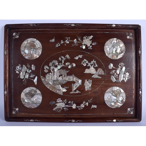 1305 - A 19TH CENTURY CHINESE CARVED HONGMU MOTHER OF PEARL INLAID TRAY Qing, decorated with foliage and vi... 