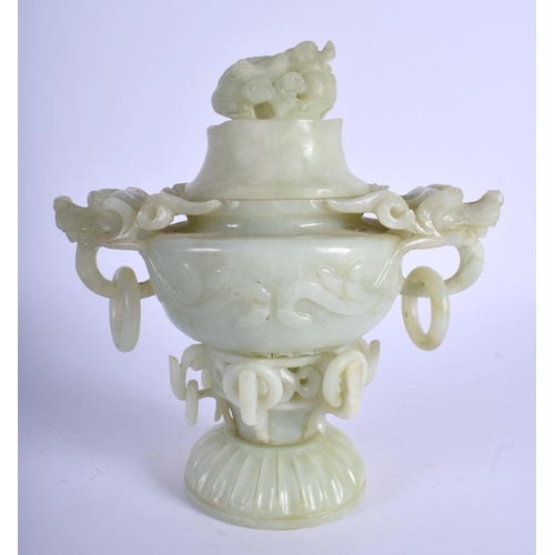 1318 - A LARGE EARLY 20TH CENTURY CHINESE TWIN HANDLED JADE CENSER AND COVER Late Qing/Republic. 22 cm x 17... 