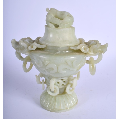 1318 - A LARGE EARLY 20TH CENTURY CHINESE TWIN HANDLED JADE CENSER AND COVER Late Qing/Republic. 22 cm x 17... 