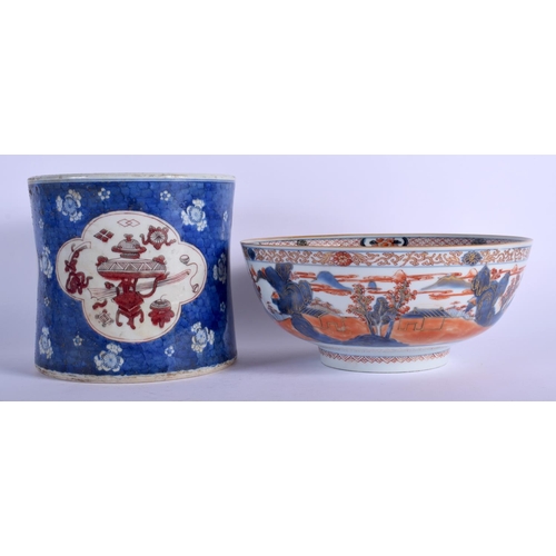 1319 - A LARGE CHINESE BLUE AND WHITE BITONG BRUSH POT 20th Century, together with an imari bowl. Largest 2... 