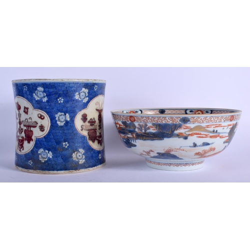 1319 - A LARGE CHINESE BLUE AND WHITE BITONG BRUSH POT 20th Century, together with an imari bowl. Largest 2... 