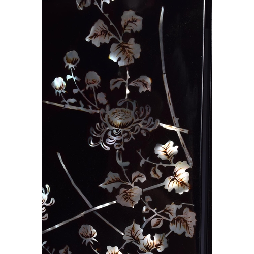 1354 - A PAIR OF 1960S ORIENTAL BLACK LACQUER AND MOTHER OF PEARL SCREENS decorated with fish and birds. 80... 