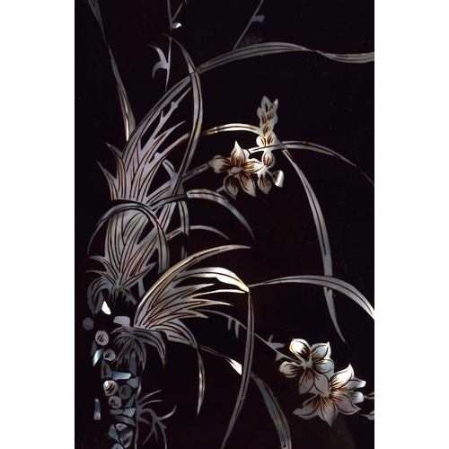 1354 - A PAIR OF 1960S ORIENTAL BLACK LACQUER AND MOTHER OF PEARL SCREENS decorated with fish and birds. 80... 