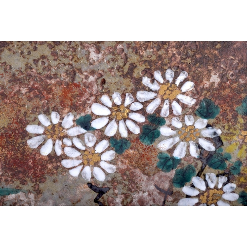 1362 - AN UNUSUAL LARGE JAPANESE STUDIO POTTERY STONEWARE TILE painted with flowers. 33 cm x 36 cm.