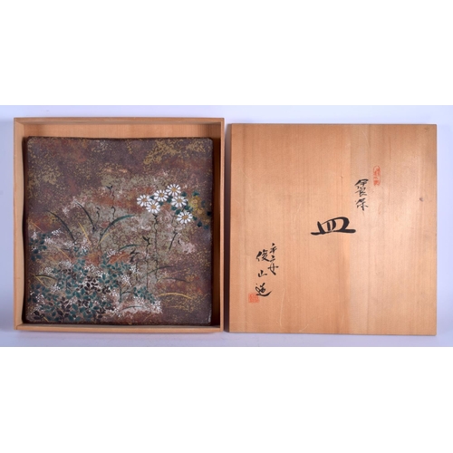 1362 - AN UNUSUAL LARGE JAPANESE STUDIO POTTERY STONEWARE TILE painted with flowers. 33 cm x 36 cm.