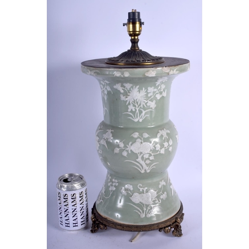 1364 - A LARGE 18TH/19TH CENTURY CHINESE CELADON YEN YEN VASE Qing, converted to a lamp, painted with flowe... 