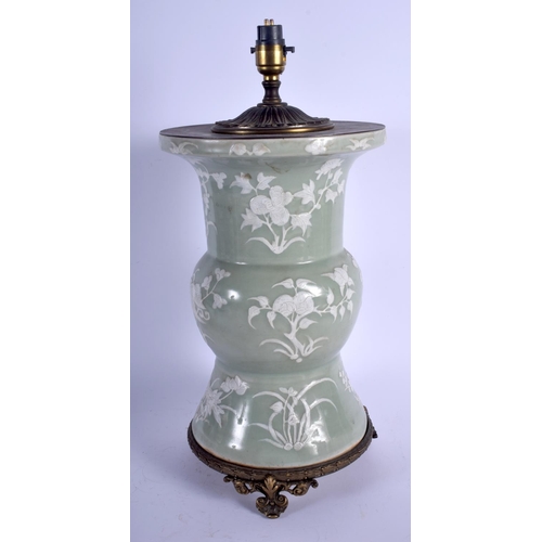 1364 - A LARGE 18TH/19TH CENTURY CHINESE CELADON YEN YEN VASE Qing, converted to a lamp, painted with flowe... 