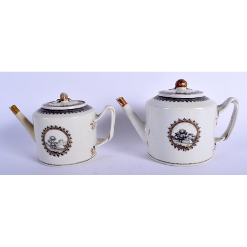 1367 - TWO 18TH CENTURY CHINESE EXPORT EN GRISAILLE TEAPOTS Qianlong, together with a smaller dish. Largest... 