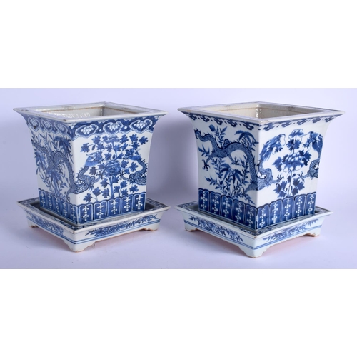 1369 - A LARGE PAIR OF 19TH CENTURY CHINESE BLUE AND WHITE PLANTERS Qing, upon fitted stands. 24 cm x 19 cm... 