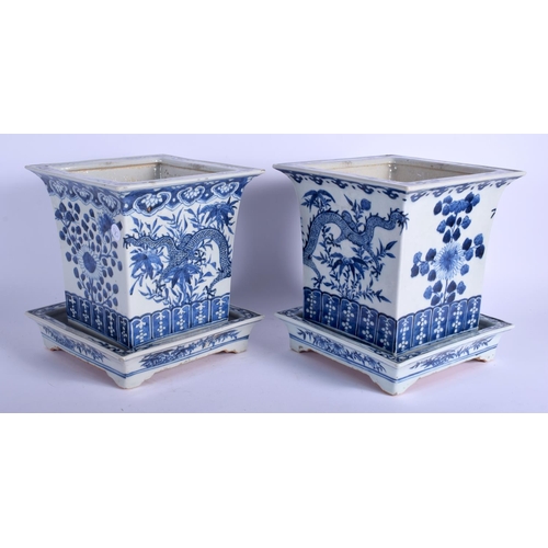 1369 - A LARGE PAIR OF 19TH CENTURY CHINESE BLUE AND WHITE PLANTERS Qing, upon fitted stands. 24 cm x 19 cm... 