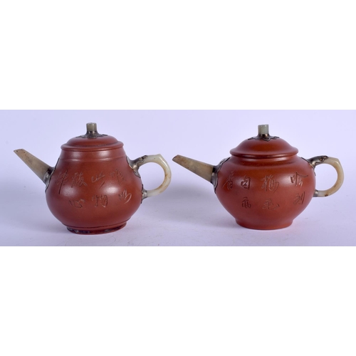 1382 - TWO CHINESE YIXING POTTERY JADE AND PEWTER TEAPOTS AND COVERS 20th Century. 14 cm wide. (2)