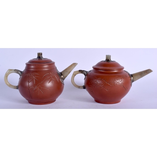 1382 - TWO CHINESE YIXING POTTERY JADE AND PEWTER TEAPOTS AND COVERS 20th Century. 14 cm wide. (2)