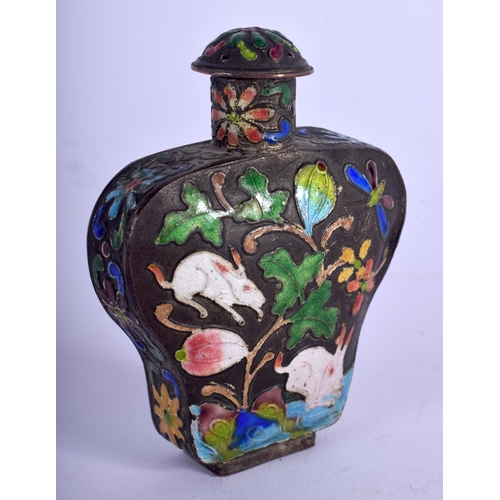 1385 - AN EARLY 20TH CENTURY CHINESE WHITE METAL AND ENAMEL SNUFF BOTTLE painted with rabbits. 34 grams. 7 ... 