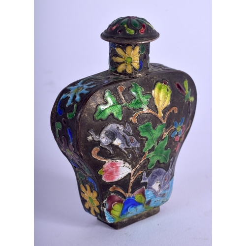 1385 - AN EARLY 20TH CENTURY CHINESE WHITE METAL AND ENAMEL SNUFF BOTTLE painted with rabbits. 34 grams. 7 ... 