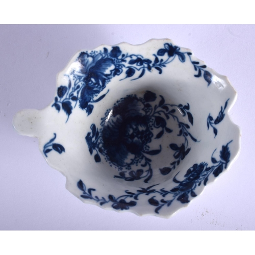 139 - 18th c. Worcester geranium moulded butter boat painted in blue with a large central flower  and a tr... 