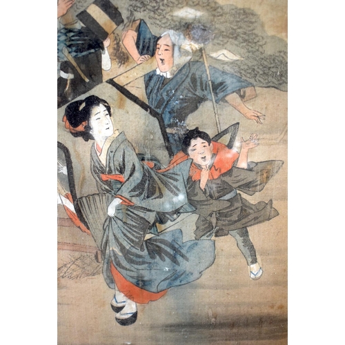 1396 - A LARGE PAIR OF 19TH CENTURY JAPANESE MEIJI PERIOD WATERCOLOUR SILK PANELS depicting Buddhistic deit... 