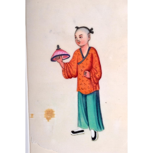 1398 - THREE 19TH CENTURY CHINESE PAINTED PITH PAPER WATERCOLOURS. Image 8 cm x 6 cm.