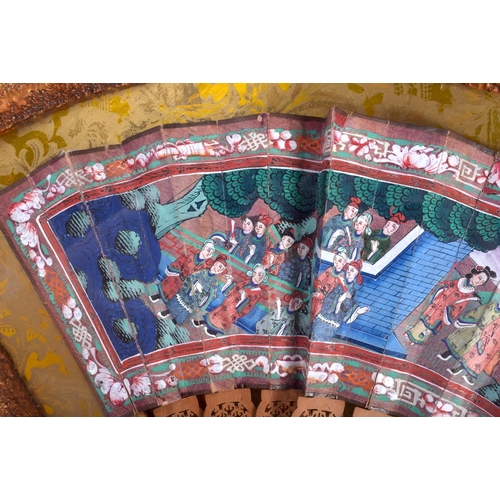 1399 - A LARGE 19TH CENTURY CHINESE CASED SANDALWOOD WATERCOLOUR FAN painted with figures and landscapes. F... 