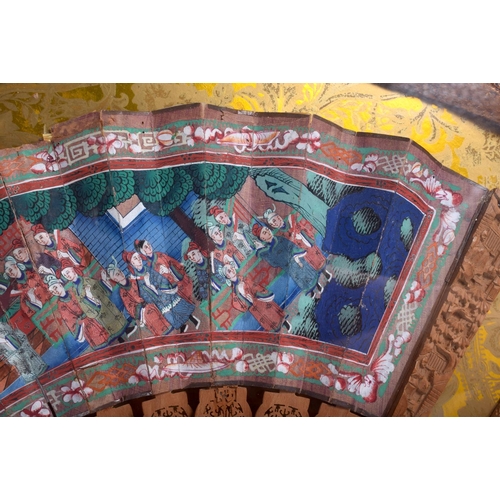 1399 - A LARGE 19TH CENTURY CHINESE CASED SANDALWOOD WATERCOLOUR FAN painted with figures and landscapes. F... 