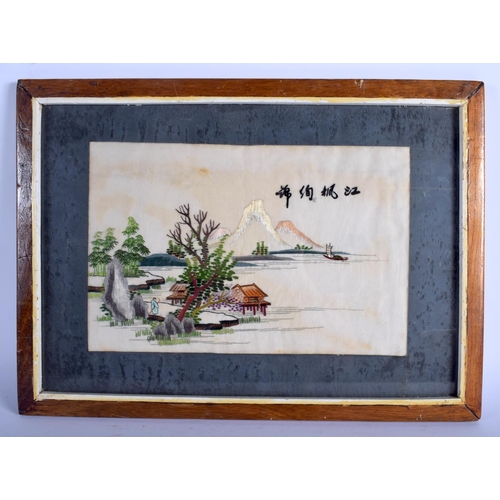 1401 - TWO CHINESE PAINTINGS together with a picture of a panda. Largest image 45 cm x 30 cm. (3)