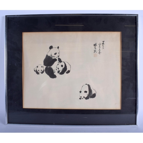 1401 - TWO CHINESE PAINTINGS together with a picture of a panda. Largest image 45 cm x 30 cm. (3)