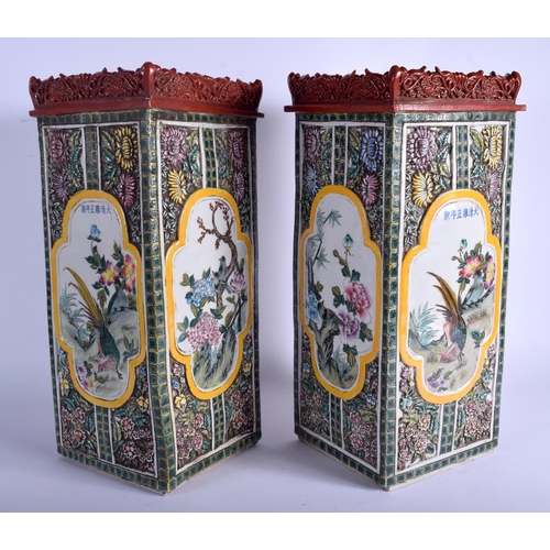 1410 - A LARGE PAIR OF CHINESE FAMILLE VERTE SQUARE FORM VASES 20th Century, painted with flowers and birds... 