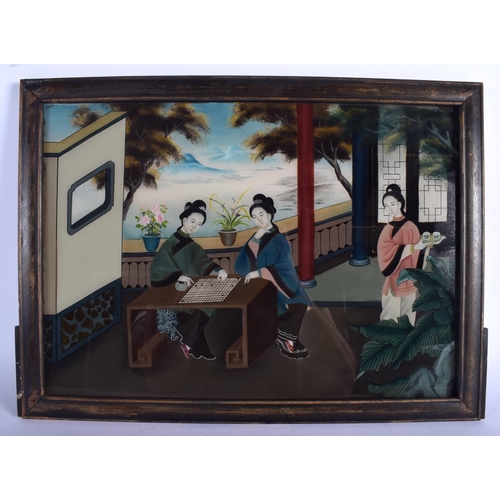 1412 - A CHINESE REPUBLICAN PERIOD REVERSE PAINTED MIRROR together with a Chinese watercolour etc. Largest ... 