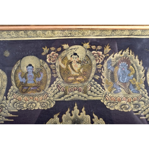 1417 - AN EARLY 20TH CENTURY CHINESE TIBETAN WATERCOLOUR SILK THANGKA painted with Buddhistic emblems and s... 