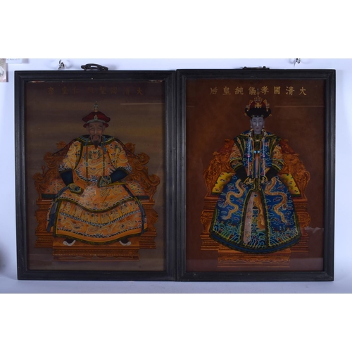 1418 - A PAIR OF CHINESE REPUBLICAN PERIOD REVERSE PAINTED MIRRORS probably Ancestral. Image 58 cm x 32 cm.