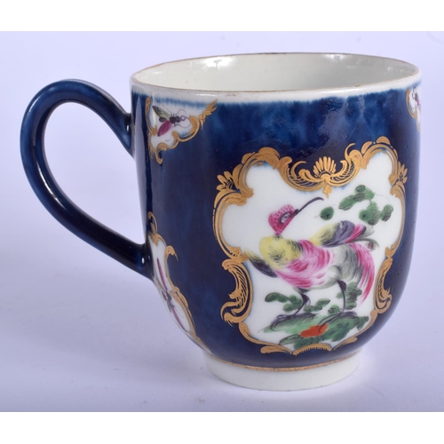 142 - 18th c. Worcester coffee cup and saucer painted with birds in a gilt mirror shaped panel on a blue s... 