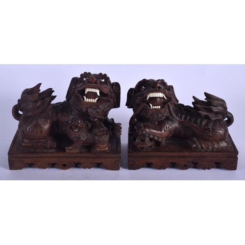 1422 - A PAIR OF EARLY 20TH CENTURY CHINESE HARDWOOD BUDDHISTIC DOGS upon rectangular bases. 22 cm x 20 cm.