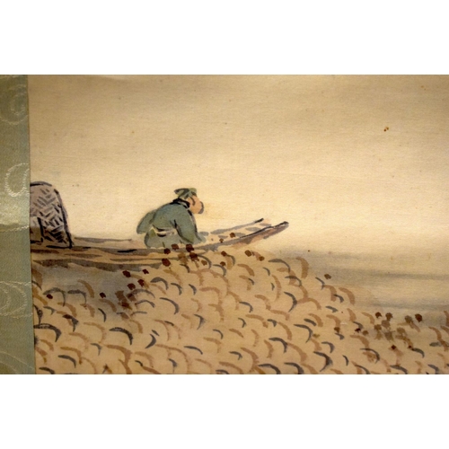 1424 - TWO 19TH CENTURY JAPANESE MEIJI PERIOD INK WATERCOLOUR SCROLLS. Largest 126 cm x 38 cm. (2)