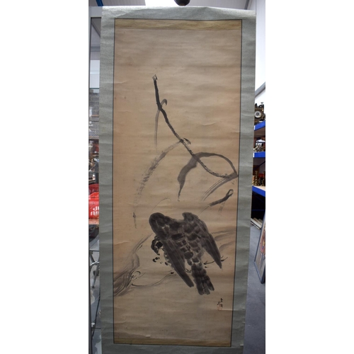 1424 - TWO 19TH CENTURY JAPANESE MEIJI PERIOD INK WATERCOLOUR SCROLLS. Largest 126 cm x 38 cm. (2)