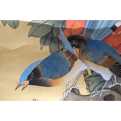 1425 - TWO EARLY 20TH CENTURY CHINESE SILK WORK WATERCOLOUR SCROLLS together with a Japanese Scroll. Larges... 