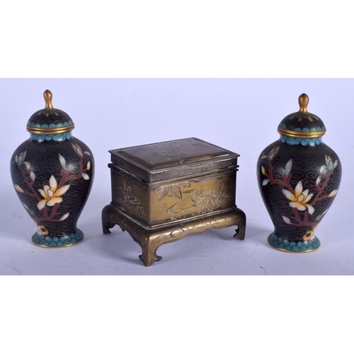 1429 - A PAIR OF EARLY 20TH CENTURY CHINESE CLOISONNÉ ENAMEL VASES and a brass box. (3)