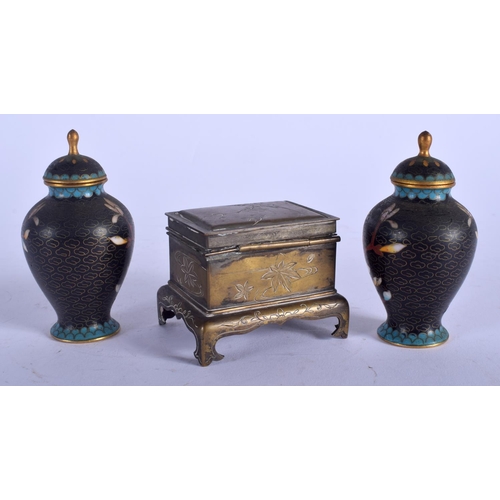 1429 - A PAIR OF EARLY 20TH CENTURY CHINESE CLOISONNÉ ENAMEL VASES and a brass box. (3)