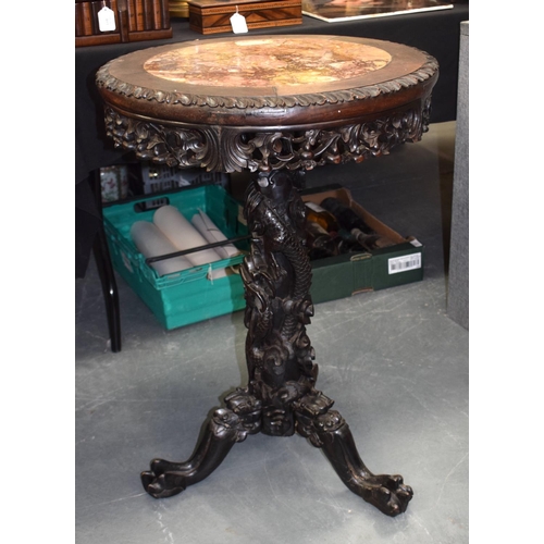 1445 - A 19TH CENTURY CHINESE HONGMU DRAGON INSET MARBLE TABLE Qing. 80 cm x 55 cm.